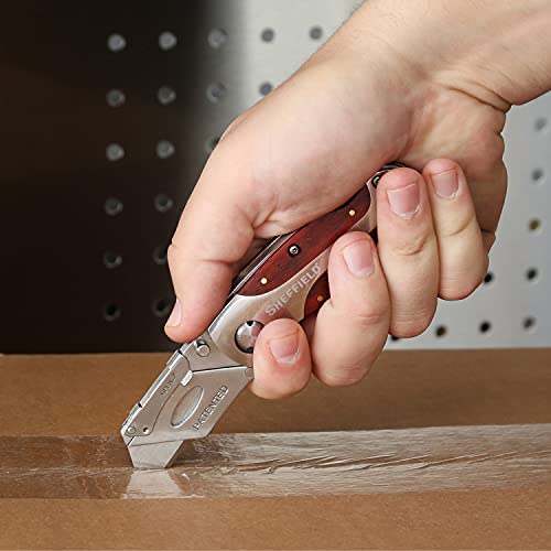 Sheffield 12115 Ultimate Lock Back Utility Knife, Folding, Box Cutter Knife, Carpet Knife, Drywall Cutter, And More, Quick-Change Blade, Back Lock Design, Aluminum & Wood Handle #TOP6