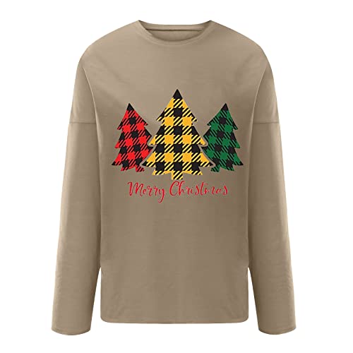 Moletom feminino Merry Christmas tamanho grande xadrez árvore gráfico gola redonda pulôver manga lon