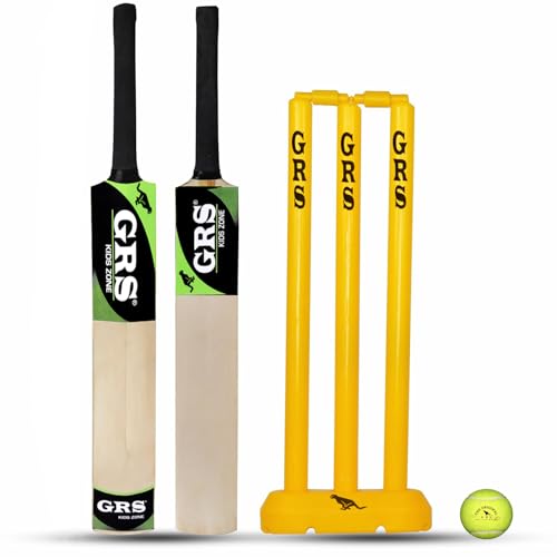 GRS Kids Zone Popular Willow Cricket Bat with Wicket Set & 1 Tennis Ball for Kids (Size 3, Age 6-10 Years) Multicolor