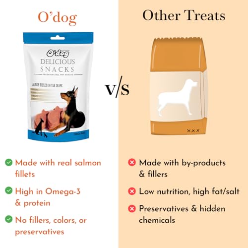 Image of PETS EMPIRE O'Dog Fish Shape Salmon Fillet, Healthy Dog Treats, Chewy Dogs Bites for Training and Feeding, Made with Real Salmon, Non-Vegetarian Pup Snacks for Dogs, Puppies - 100g
