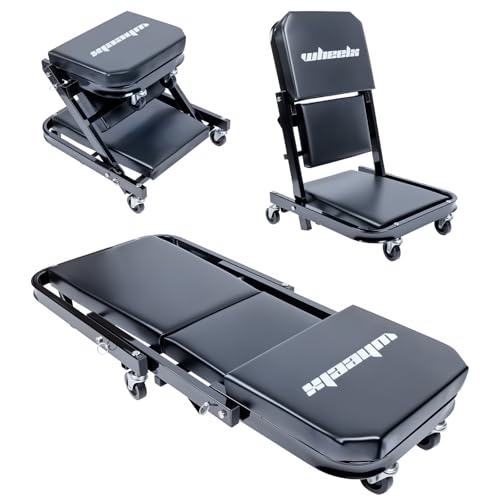 WheelX Mechanic Creeper 40inches 3-in-1 Z Seat 480lbs Capacity Foldable Garage Chair Adjustable Rolling Black with 6pcs Wheels Roller Lay Down Sit Lean Back Under Car Shop Auto Repair Man Gift