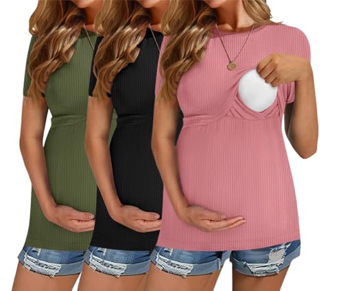 Image of Ekouaer Womens Nursing Tops 3 Pack Short Sleeve Ribbed Breastfeeding Shirts Double Layer Maternity Shirt Pregnancy Clothes