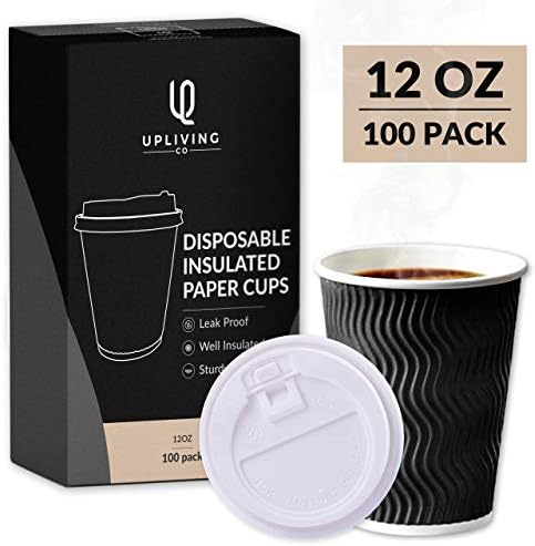 Disposable Paper Coffee Cups with Lids - 100 Pack Premium Quality To Go Disposable Coffee Cups With Lids 12 Oz, Sturdy & Leak Proof With Integrated Triple Insulation by Upliving Co (Black)
