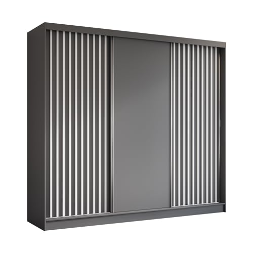 Margaret Hadas24 Kleiderschrank Erika mit Lamellen ohne Spiegel, Organizer, Mehrzweckschrank, Schwebetürenschrank, Garderobenschrank, Kleiderstange, Kleiderständer, Flurschrank, 240 cm, grau, weiß,
