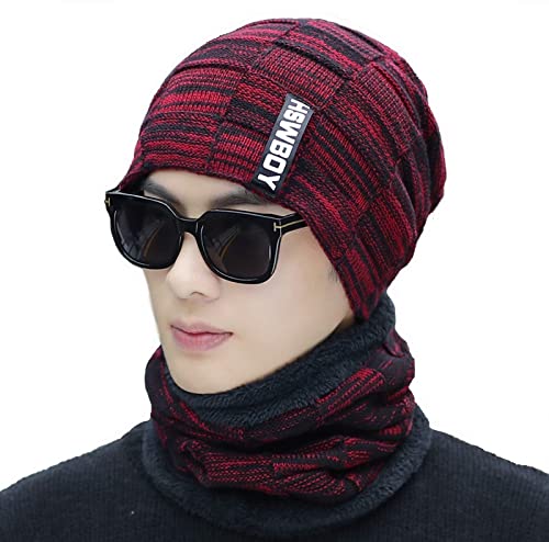 Winter Stylish Imported Soft 1 Set Snow Proof (Inside Fur) Acrylic Woolen Beanie Hats Warm Knit Neck Warmer Thick Fleece Lined Cap with Scarf for Men Women Girl Boy (Red HSW)