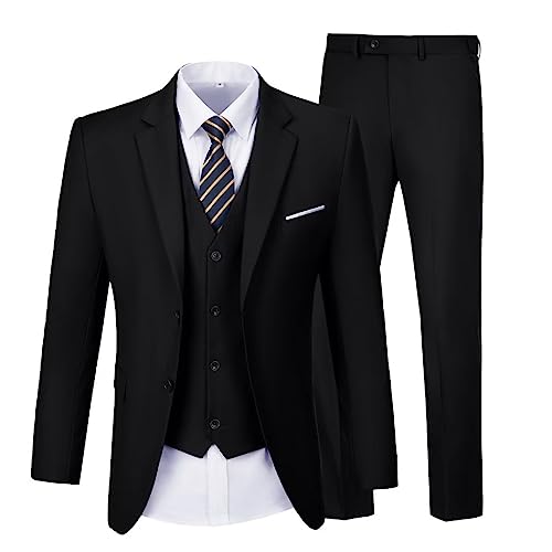 Mens Suit 3 Pieces Slim Fit Wedding Business Prom Party Suits Tuxedos Blazer Jacket Vest Pants Set For Man Black S #TOP28