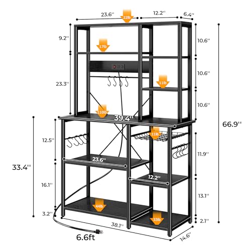 Image of SUPERJARE Large Bakers Rack with Power Outlets, 6-Tier Microwave Stand, Coffee Bar with 12 S-Shaped Hooks, Kitchen Shelf with Wire Basket, 39.4 x 14.6 x 66.9 Inches, Black
