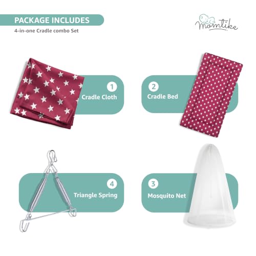 Image of Baby Cradle Swing for Newborns | Cotton Fabric Filled with Recron Fibre | Hanger Spring, Mosquito Net & Mattress with Insert Pocket | Jhoola, Thottil, Joli, Jokali, Onjal (Red)