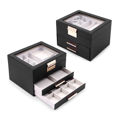 Image of BucketList Luxury PU Leather Jewellery Organizer Box with Glass Top | Multi-Drawer Jewelry Storage Case with Ring Slots & Compartments | Elegant Lockable (2 Drawers Jewellery Box (Black))