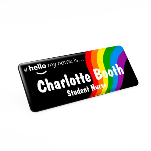 Badgemaster Hello My Name is Rainbow Flow Black Personalised Premium Domed Bespoke Custom Name Badge 76 x 32mm White/Black