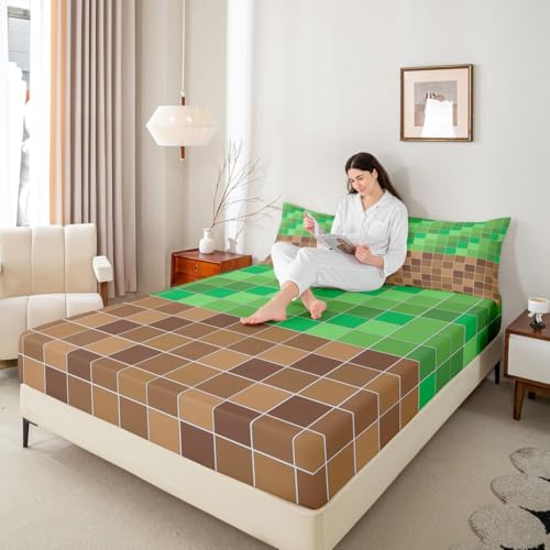 Image of Erosebridal Gaming Plaid Bed Sheets King Geometric Checkered Gamer Sheet Set Checkerboard Games Bedding Set for Kids Boys Girls,Brown Green Grids Fitted Flat Sheets 4 Piece