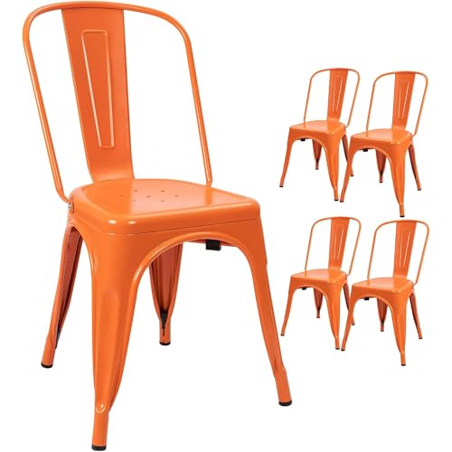 Image of Devoko Metal Indoor-Outdoor Chairs Distressed Style Kitchen Dining Chairs Stackable Side Chair with Back Set of 4 (Orange)
