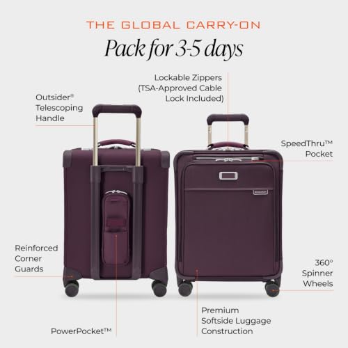 Image of Briggs & Riley 21 inch Global Carry On Expandable Spinner - Luggage for International Travel, Suitcases with Wheels, Softside Rolling Bag for Men & Women, Self-Repairing Zipper - Baseline Collection, Plum