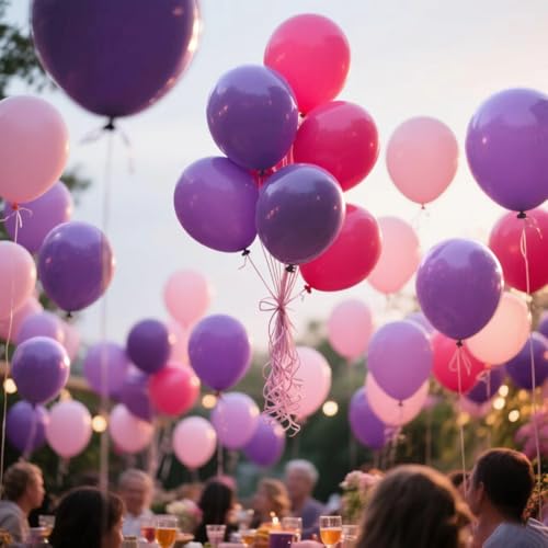 Image of 100pcs Pink and Purple Balloons 12 Inch with Ribbon for Party Decorations | Hot Pink Light Pink Pastel Purple and Purple balloons for Girls Women Birthday Wedding Party Decorations
