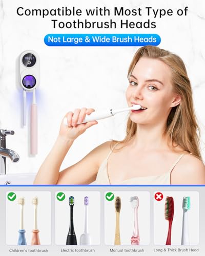 Image of Toothbrush Holder & Toothbrush Cleaner, UV Toothbrush Sanitizer and Holder 2 Slots, Cleaning and Fan & Heat Drying, LED Smart Screen, Wall Mounted Tooth Brush Holder for Bathrooms (White)