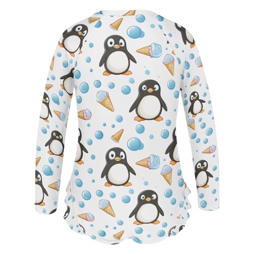 One Piece Girls Swimsuit Long Sleeve Rashguard Zipper Swimwear, Penguins Ice Cream White 3T3