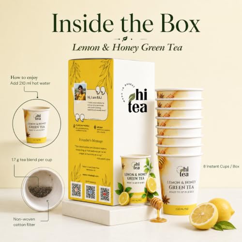 Image of HI TEA Lemon Honey Green Tea | Just Add Hot Water | Instant Green Tea Cups | 8 Cups /Box
