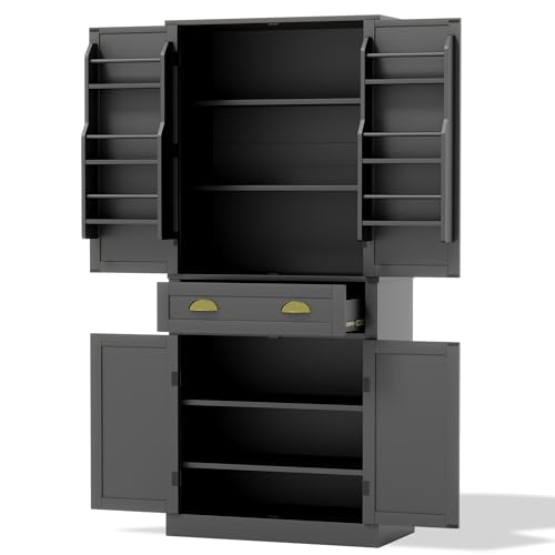 Miniatura 10 de Sacool Armario De Almacenamiento Con 4 Puertas Y 1 Cajón, 2 Puertas Con Estantes, 6 Compartimentos De Almacenamiento Y 4 Estantes Ajustables, Apto Para Cocina, Comedor Y Sala De Estar, Color Negro