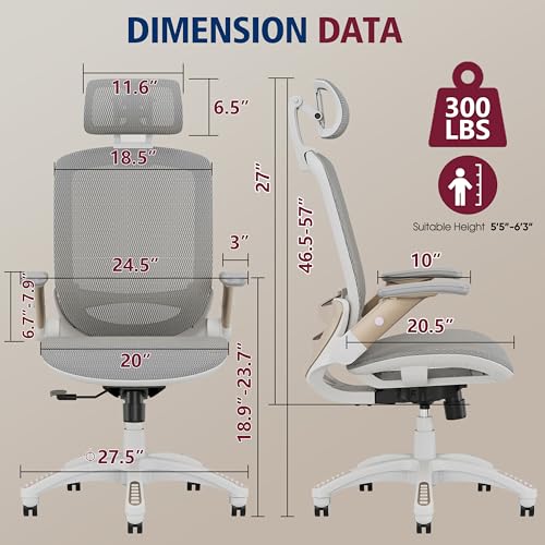 Image of GABRYLLY Ergonomic Office Chair, High Back Home Desk Chair with Headrest, Flip-Up Arms, 90-120 Tilt Lock and Wide Cushion, Big and Tall Mesh Chairs for Man Woman, White Task Chair