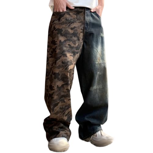 XYGJZ Mens Wide Leg Distressed Denim Pants Patchwork Camo Print Hip Pop Jeans