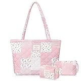 Tallew 3 Pcs Quilted Tote Bag Set for Women Floral Cotton Shoulder Bag Makeup Cosmetic Pouch Coin Purse Coquette Aesthetic Bag for Work Travel Gifts for Women Girls Mother's Day Birthday(Pink Patch)