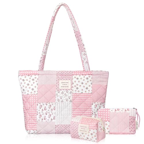 Tallew 3 Pcs Quilted Tote Bag Set for Women Floral Cotton Shoulder Bag Makeup Cosmetic Pouch Coin Purse Coquette Aesthetic Bag for Work Travel Gifts for Women Girls Mother's Day Birthday(Pink Patch)
