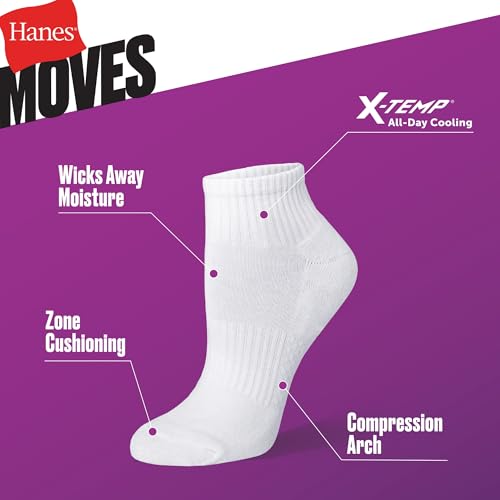 Image of Hanes Women's Moves Ankle Socks, Performance Socks for Women, X-Temp, Cushioned with Arch Support