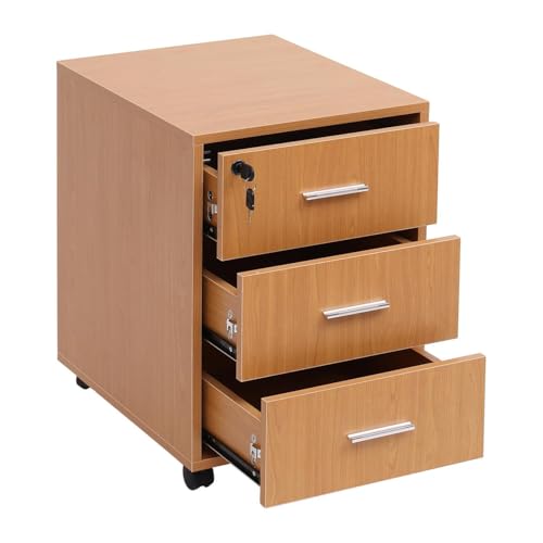 Homullel Office Drawers, Under Desk Pedestal Lockable 3-Drawers Office Storage Unit, Under Desk Drawers Storage Unit, Mobile Flie Cabinet for Office, Home Office Furniture (MDF, Beech)