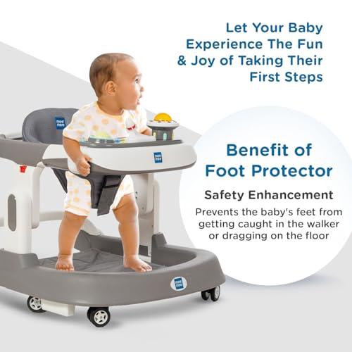 Image of Mee Mee 2-in-1Baby Walker | 3 Level Adjustable Height | Musical Detachable Toy Bar with Lights | Compact and Portable | Washable Cushioned Walker | Age 6-18 Months| 15kg | Grey