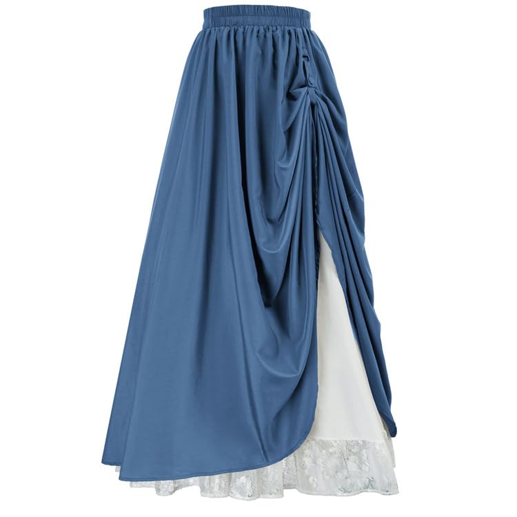 CAMDOM Damen Renaissance Rock,Mittelalterlich Elastische Taille A-Linie Rock,Doppellagig Spitze Langes Viktorianisches Kleid