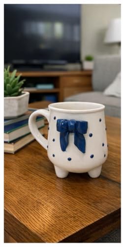 Image of Ceramic Blue Bow Cup with Legs | Cute Designer Coffee Mug | Handcrafted Aesthetic Tea Cup | Microwave & Dishwasher Safe | Unique Gift Mug for Girls & Special Occasions