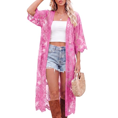 Funnysoft Kimonos for Women Lace Cardigan Swimsuit Cover up Summer Kimono Cardigan Open Front Sheer Long Boho Coverup(Peach Pink)