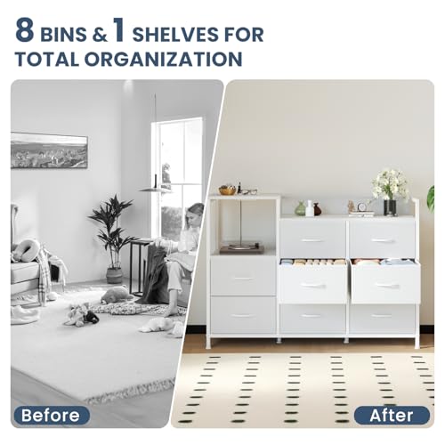 Image of DUMOS TV Stand Dresser with 8 Fabric Drawers & 1 Open Shelf, TV Stand with Wooden Top, Entertainment Center with Charging Station for Living Room, Hallway, White