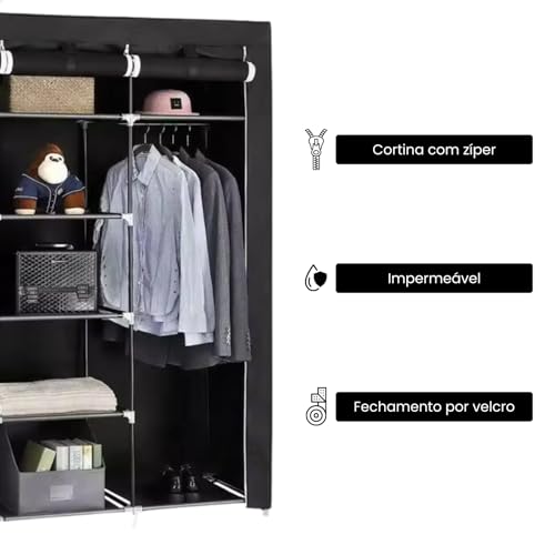 Guarda Roupa Dobrável Armário Organizador de Roupas 3 Portas (Preto)