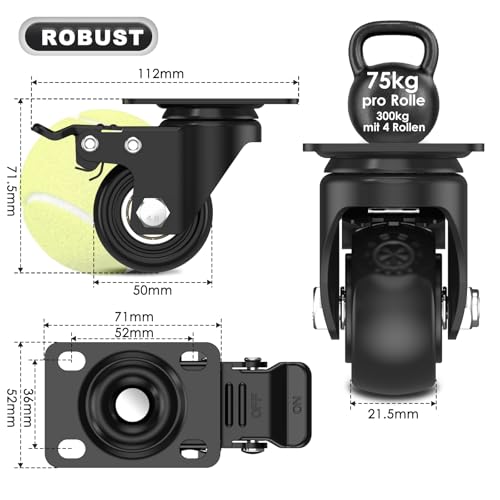 Deutnart Schwerlastrollen, 50 mm Robuste Möbelrollen, Rollen für Möbel Tragfähigkeit von 300 kg, Geräuscharme Lenkrollen mit Oberer Platte für Wagen Möbel Werkbänke Paletten - 4er Rollen Schwerlast