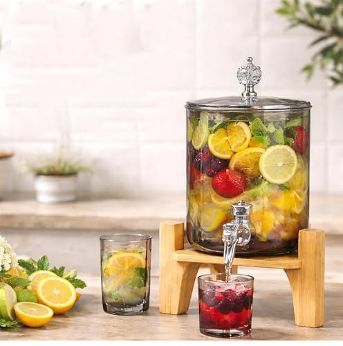 Image of 3 LTR Borosilicate Black Glass Detox Water jug Dispenser with Wooden Stand, Beverage Dispenser for Beer, Water, Cocktails, Detox Drinks & More, Perfect for Parties &,Daily Uses Set of 1