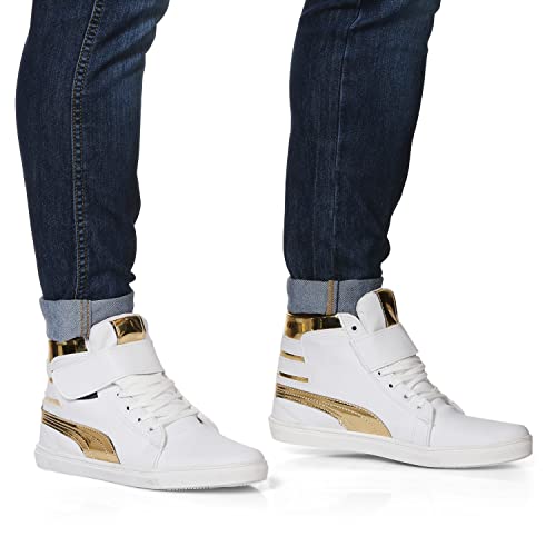 Image of Shoe Island Men's White and Gold Leatherette High Ankle Velcro Shinning Casual Dance Sneakers -10 UK /India