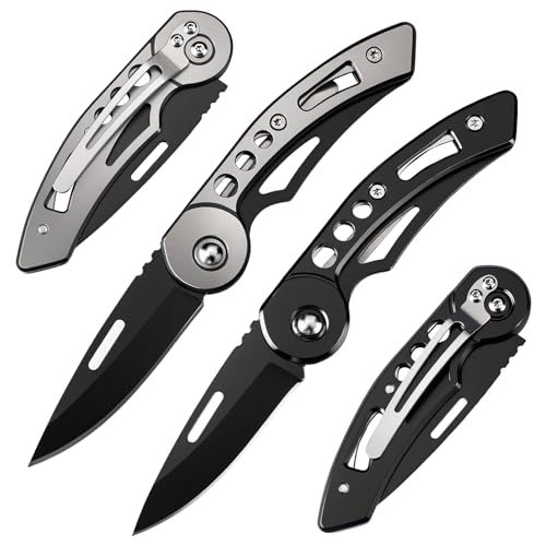 DRACHENADER Pack de 2 navajas plegables compactas, pequeña navaja a dos manos en acero 420C, navajas de bolsillo EDC con clip, para abrir paquetes, plateado y negro