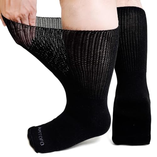 ZFSOCK Calze Uomo Senza Elastico Diabetici Calzini Senza Cucitura Donna 90% Cotone Extra Larghi Vestibilità Ampia Nero 1 Paia 39-46