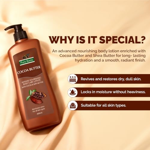 Image of Pure Roots 400ml Each Kesar Malai & Cocoa Butter Body Lotion Combo Pack (Pack of 2) | Nourishing & Hydrating Moisturizer for Men & Women | Fast Absorbing, Non-Sticky Lotion for All Skin Types - Total 800ml