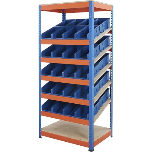 BiGDUG Sloping Pick Bin Kanban Shelving System - 1980H x 915W x 610D mm 7 Shelves - With 40x Plastic Parts Bins (Blue)