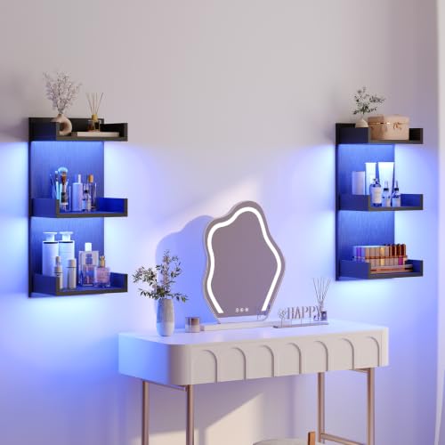 Image of HOOBRO Floating Wall Shelves with LED Lights, Floating Shelf Wall Mounted | Shelf for Storage, Vertical Display Stand, Modern Column Rack, for Bedroom, Livingroom, 3-Tier, 25.6 Inches, Black BK43DBJ01