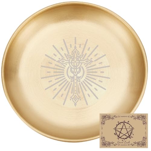 CREATCABIN Cross Offering Bowl Altar Ritual Plate Stainless Steel Golden Crystal Storage Flat Bowl Round Tray Dish Candle Holder Jewelry Dish for Smudging Incense Burner 5.5Inch