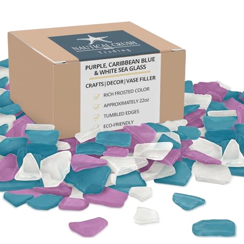 Purple, Caribbean Blue & White Sea Glass – 22oz Beach Glass for Crafts, Vase Fillers & Decor – Bulk Tumbled Seaglass Pieces for DIY Projects – Recycled Seaglass for Home, Weddings & Art