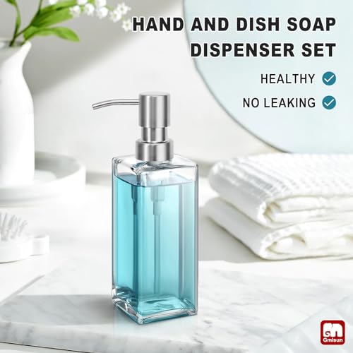 Image of GMISUN Glass Soap Dispenser with Stainless Steel Pump, Clear Hand Soap Dispenser for Bathroom, 12 fl oz /350ml Dish Dispensers for Kitchen, Modern Refillable Liquid Soap Lotion Bottle for Countertop