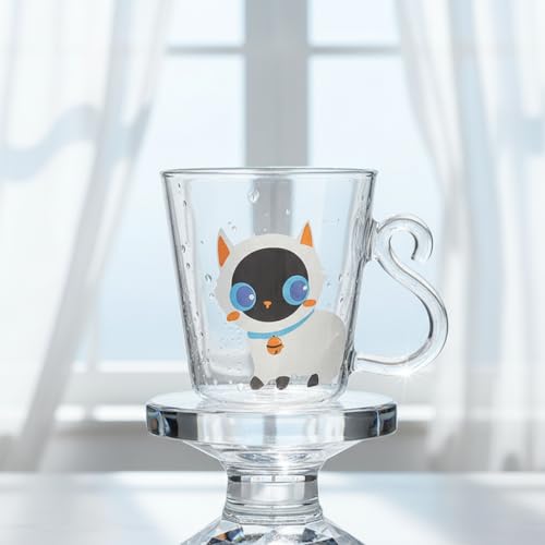 猫しっぽハンドル ガラスマグ ねこ イラスト クリアマグ カップ コップ 耐熱ガラス インスタ映え おしゃれ かわいい カフェ風 ティータイム コーヒー 紅茶 ジュース ギフト 8種類の柄から選べる (パターンF)