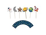 Trip to The Moon- Cupcake, Cake Toppers | 12 Pack | Outer Space Decorations | Birthday | Baby Shower | Rocket, Planet, Astronaut Theme | Outer Space Party Supply | Food Pick