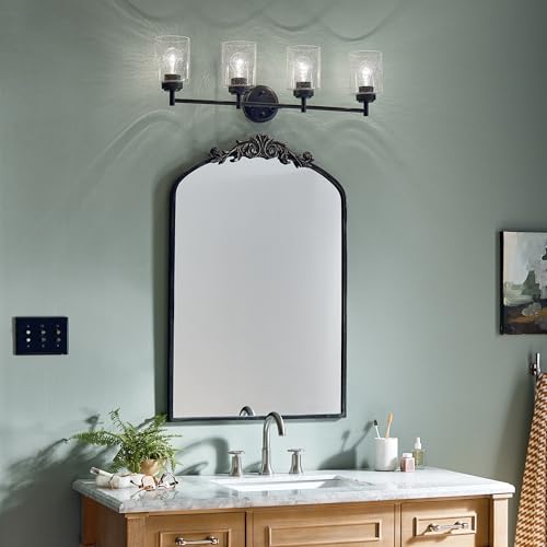 Image of Kichler Winslow 30 inch 4-Light Bathroom Vanity Light Fixture with Clear Seeded Glass in Black, Modern Industrial Style for Bathroom and Powder Room, (30 inch x 9.25 inch x 6.5 inch), 45887BK