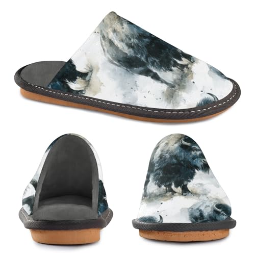 Slippers for Women Bison Pattern Print Artwork Design Soft Fuzzy Women's Slippers Indoor and Outdoor Shoes2