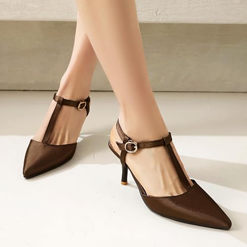 Women's Satin T-Strap Slingback Stilettos Pumps Sexy Closed Pointed Toe Ankle Strap High Heel Business Dress Shoes4